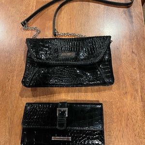 Nine West black faux patent alligator small purse and wallet set